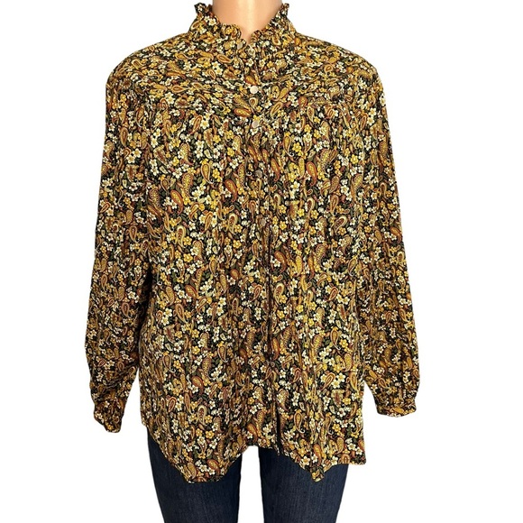 3/$30 🍂 Overlover Yellow & Brown Paisley Button Down Cotton Blouse - Picture 4 of 12